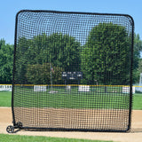 Baseball practice net on a baseball field with trees and clear sky in the background